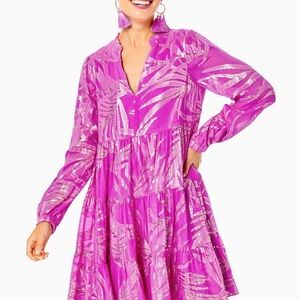 $298 Lilly Pulitzer Sarita Silk Dress Fuchsia Palm Leaf Gold Metallic 2 NWOT